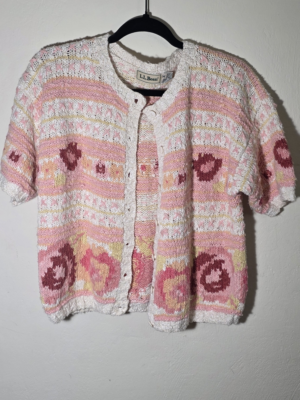 L.L. Bean Pink & White Floral Short-Sleeve Knit Cardigan